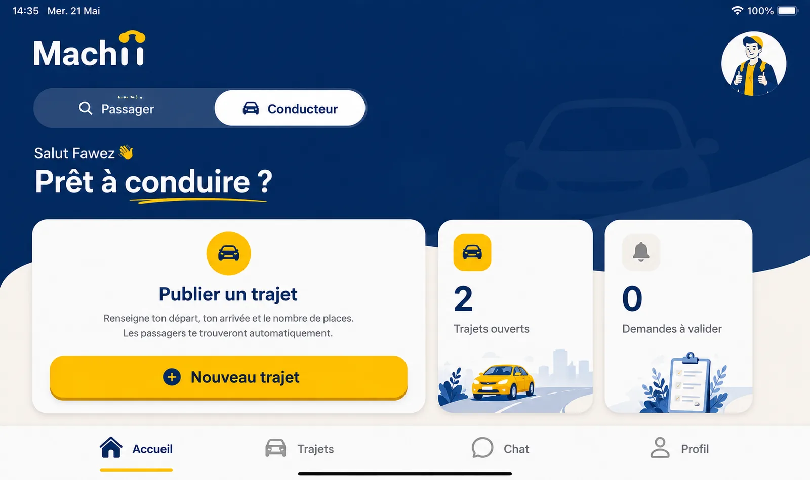 L'app Machii — écran d'accueil conducteur